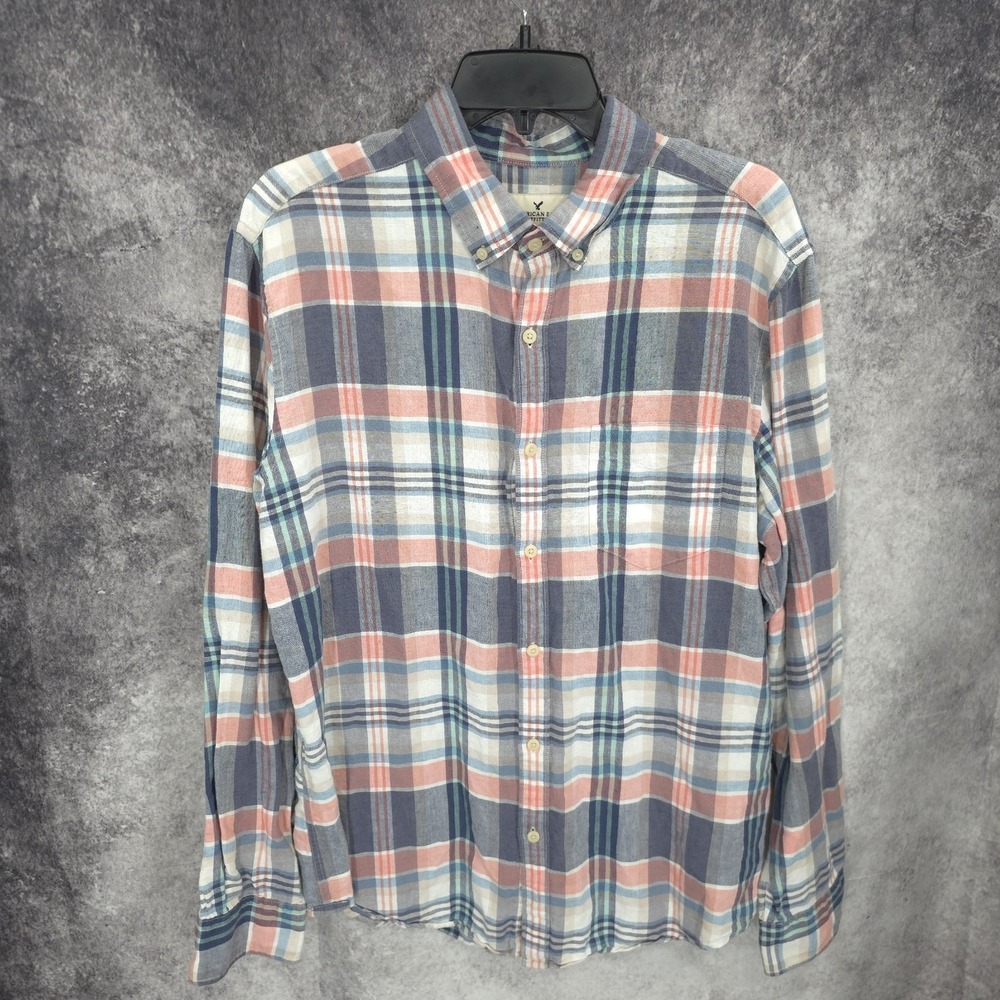 American‎ Eagle Shirt Mens Large Plaid Button Down Seriously Soft Preppy Linen